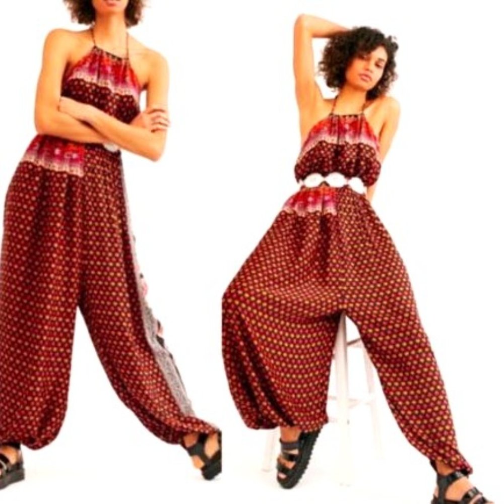 Intimately Free People Rising Sun Jumpsuit Halter Wide Balloon Leg Lace Boho XS